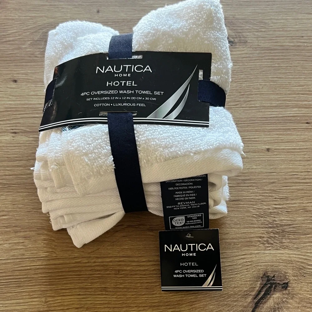 NWT nautica home 4pc oversize wash towels cotton set white blue 12x12